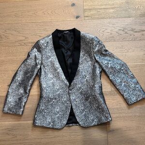 Silver and Black Paisley Slim Fit Blazer
